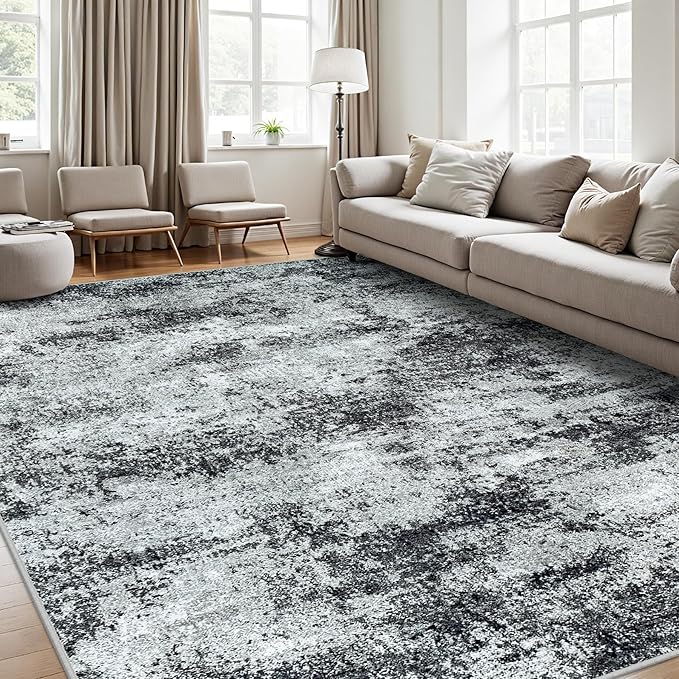 Area Rugs 8x10 Living Room Rugs: Modern Abstract Washable Rug with Non-Slip Backing, Stain Resistant Indoor Floor Large Carpet for Bedroom Dining Room Table Nursery Hallway Home Office Dark Black/Gray