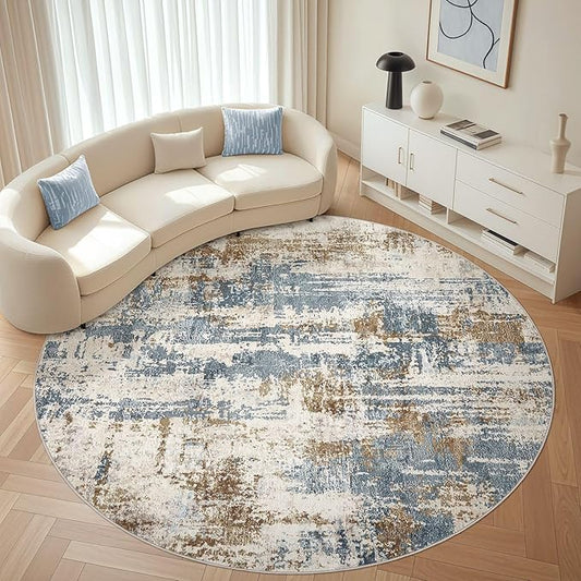 Round Rug Living Room Rugs: 10Ft Washable Circle Large Abstract Modern Soft Stain Resistant Non Slip Indoor Floor Carpet for Bedroom Nursery Office Dining Room Dorm Home House Decor- Tan Blue