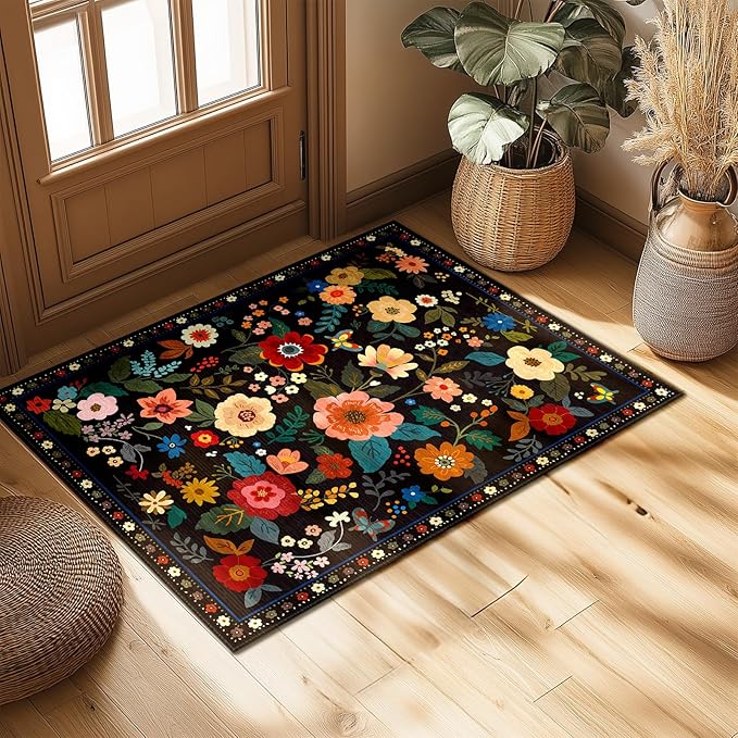 Floral 2x3 Area Rug Machine Washable Soft Print Boho Carpet Non Slip Doormat Low Pile Flower Area Rugs for Living Room Bedroom Nursery Kitchen Dining Room Indoor-Black