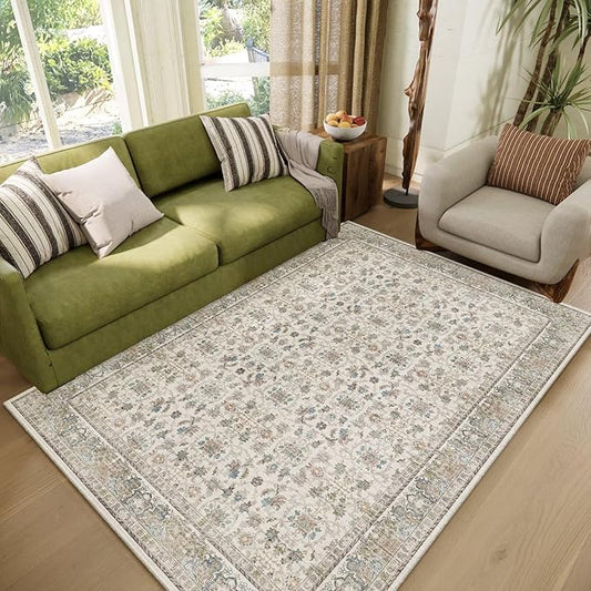 Washable 4x6 Rugs for Living Room, Boho Non-Slip Silicone Backing Small Rugs for Bedroom Nursery Office, 0.3" Neutral Oriental Throw Carpet with 0.16" Cushioning Pad, Cream/Multi
