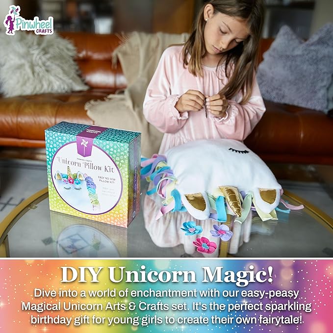 Pinwheel Crafts Unicorn Pillow Kit - DIY Arts and Crafts for Kids Ages 6 7 8-12+ Years, No Sewing Kit for Kids, Unicorn Pink Pillow Craft Kits for Birthday, Christmas Gifts for Girls