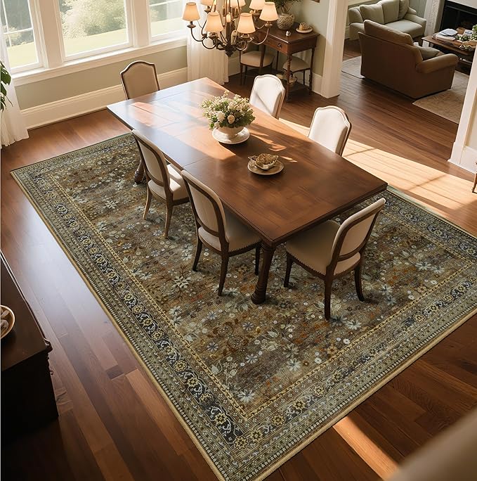 Large 8x10 Washable Area Rug for Living Room, No Shedding Vintage Floral Print Rugs Non Slip, Indoor Foldable Thin Retro Accent Carpet for Bedroom Farmhouse Dining Room Brown/Yellow