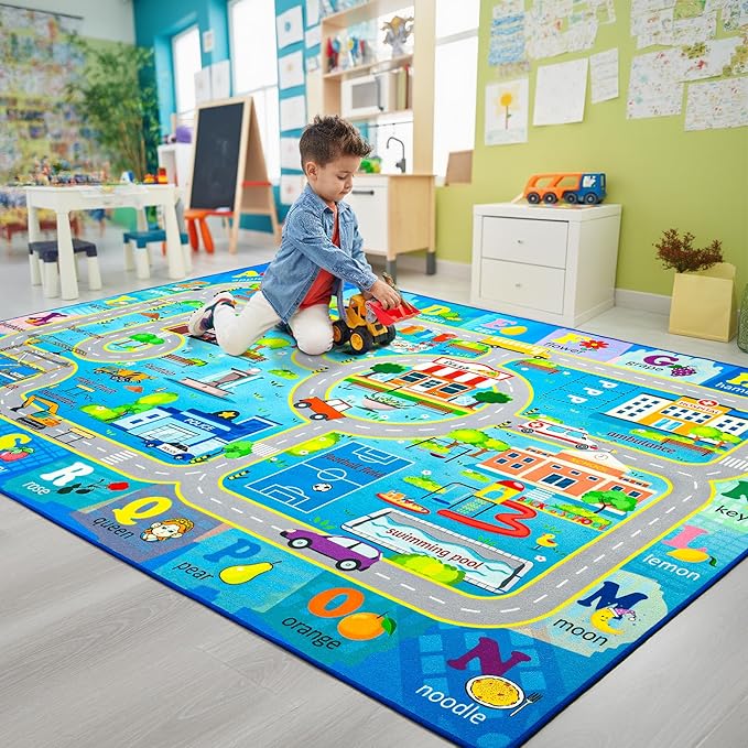 Chicrug 4x6 Car Road Area Rug for Kids Playroom Bedroom, Non Slip Low Pile Washable ABC Alphabet Carpet for Classroom, City Track Play Mat for Toddler Children Nursery Baby Room Decor, Blue