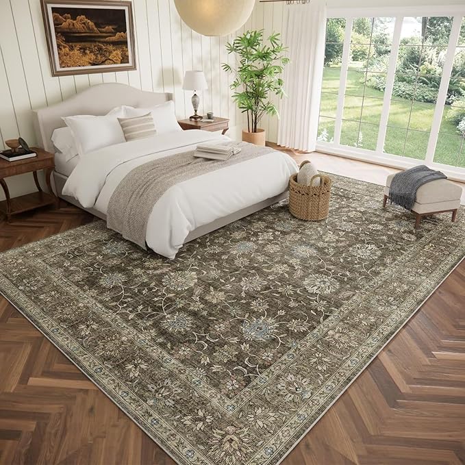 Washable 9x12 Area Rugs for Living Room, Boho Non-Slip Silicone Backing Rugs for Bedroom Dining Room Nursery Office, 0.3" Neutral Oriental Throw Carpet with 0.16" Cushioning Pad, Flaxen/Multi