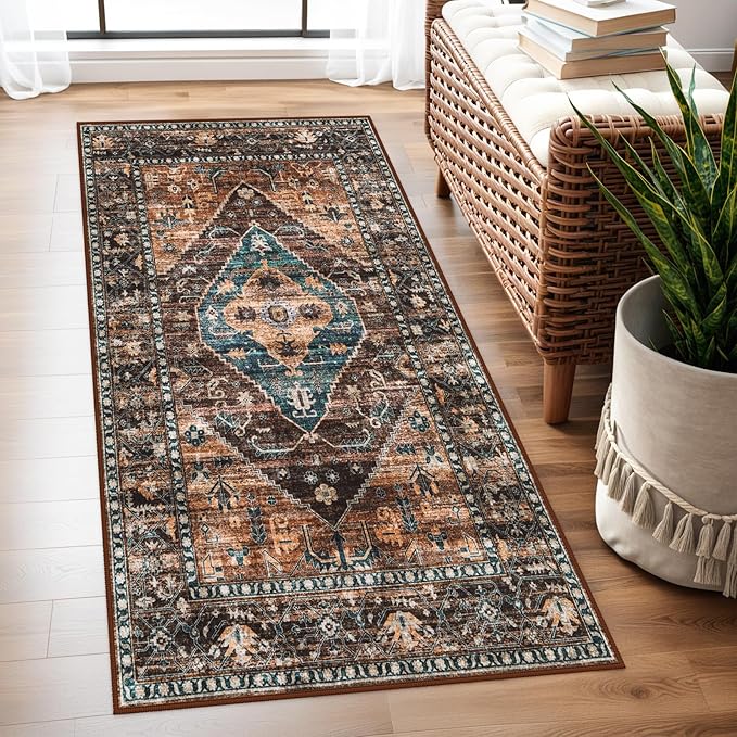 Lahome 2x4 Washable Entryway Runner Rug - Non-Slip Ultra-Thin Stain Resistant Kitchen Rugs, Oriental Print Carpet Runner for Hallway Bedroom Laundry Room