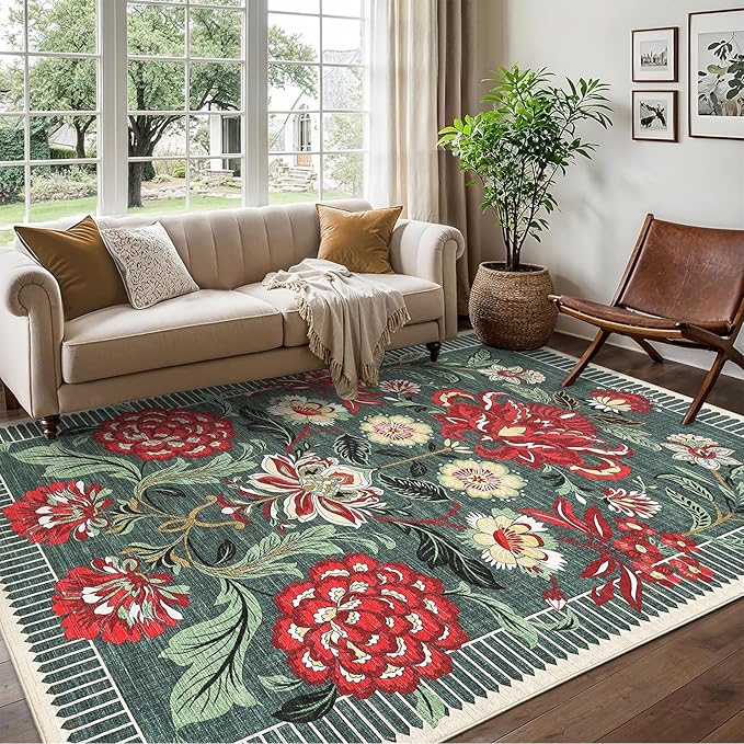 GarveeHome Floral Botanical Washable Rugs 5x7 Area Rug for Living Room, Grey Green Vintage Boho Cottage Throw Rugs Low Pile Carpet for Bedroom Dining Nursery Rug