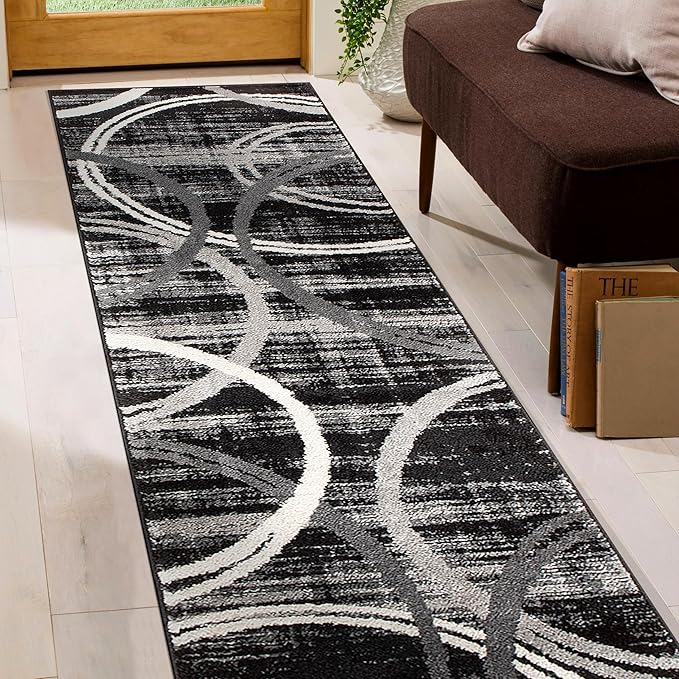 Rugshop Modern Wavy Circles Design Runner Rug 2' x 10' Black