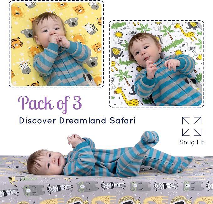 Fitted Nautical Crib Sheets (3 Pack) by GROW WILD - Jersey Knit Cotton Crib Sheet for Boys, Toddler Bed Mattress & Baby Boy Crib Bedding Set, 52” x 28” x 9” Crib Sheets (Safari Animals)