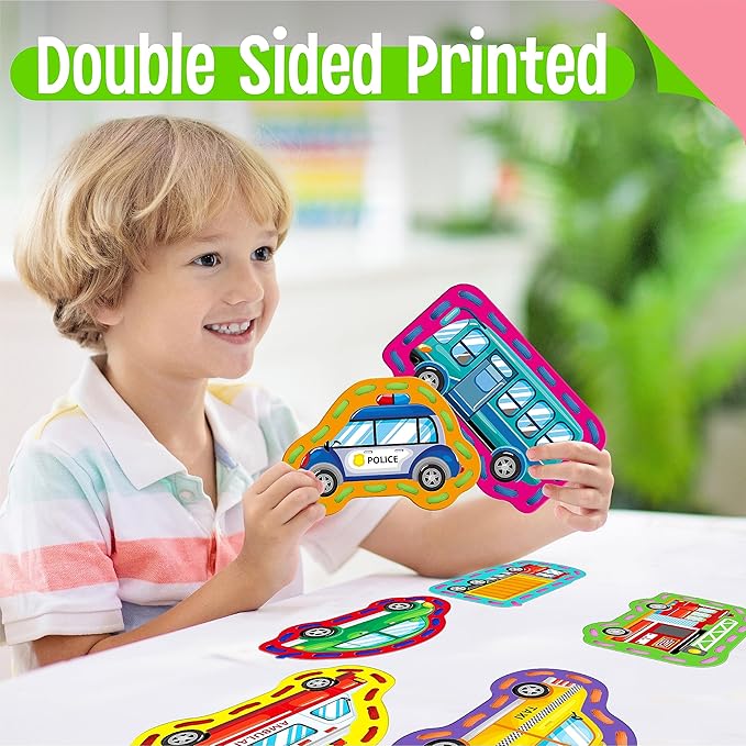 9 Pieces Kids Lacing Cards, Double Sided Sewing Cards in 9 Vehicle Cards with 9 Colorful Laces, Imagination Development Lacing Toys Games for Children Educational and Learning Activity