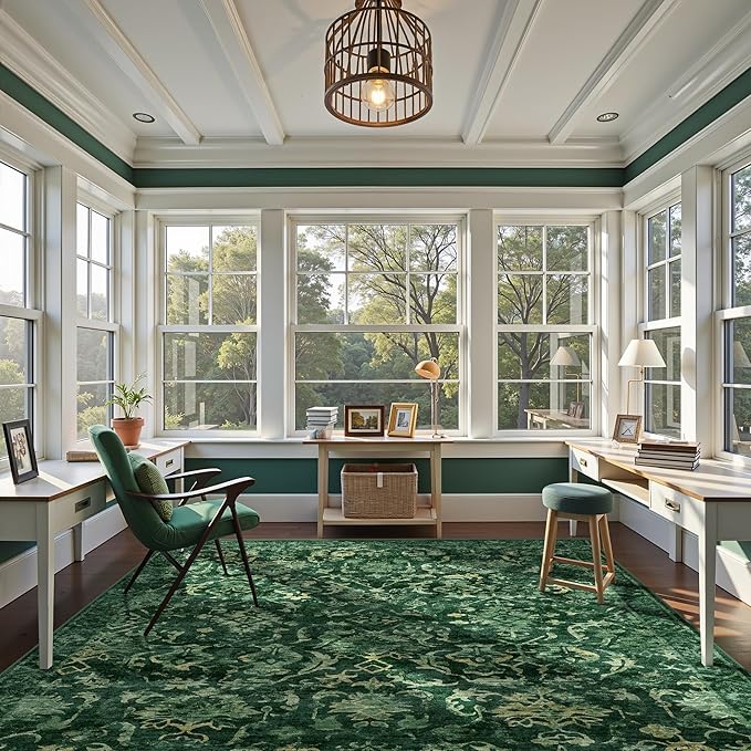Deerly Dark Green Area Rugs 9x12 for Living Room Soft Non-Slip, Large Bedroom Rug Vintage Dining Room Rug Tribal Farmhouse Carpet for Dining Room Office Green