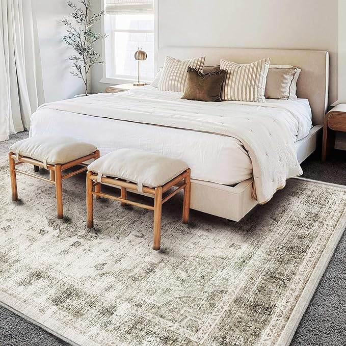 Washable Area Rug 8'x10' Retro Floral Khaki Boho Design Non-Shedding Non-Slip Easy Care Ideal for High Traffic Areas in Living Room Bedroom Office Coffee Table Kitchen Large Carpet