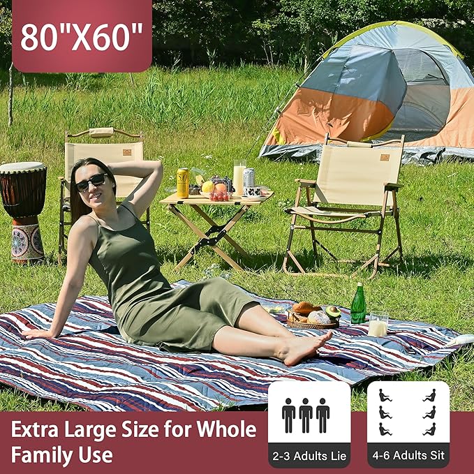 HX&OD Outdoor Picnic Blanket Extra Large, 80''*60'' Waterproof Picnic Mat with Stakes Foldable Camping Blanket Portable with Carry Strap for Beach Mat (Green& White, 80''*60'')