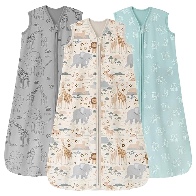 Baby Sleep Sack 6-12 Months 0.5 Tog Wearable Blanket Baby, 3 Pack 100% Cotton Lightweight Sleeping Sack with 2-Way Zipper for Newborn Infant Apricot Gray Green Elephant