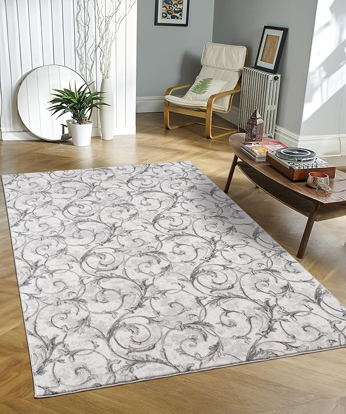 Non-Slip Washable 5x7 Area Rugs for Living Room Bedroom, Ultra Soft Bedside Rug, Indoor Floor Carpet for Kids Girls and Boys, Dorms, Nursery Rooms, Non-Skid Area Rug, Floral Grey, 5' x 7'