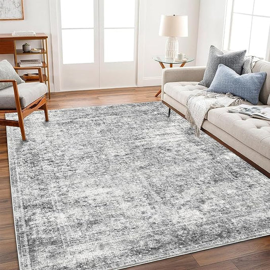 Area Rug 10x14 Washable Gray Vintage Traditional Mat Distressed Indoor Foldable Thin Retro Accent Floral Non Slip Carpet for Living Room Dining Room Office
