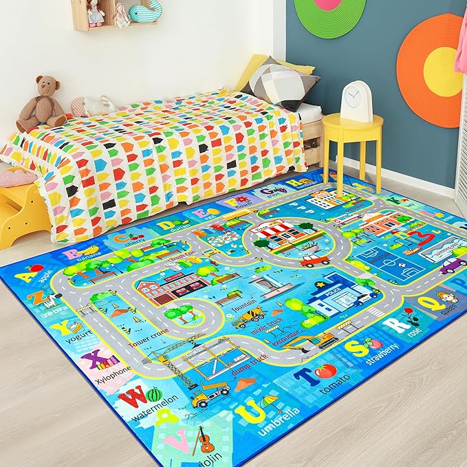 Chicrug 5x8 Car Road Area Rug for Kids Playroom Bedroom, Non Slip Low Pile Washable ABC Alphabet Carpet for Classroom, City Track Play Mat for Toddler Children Nursery Baby Room Decor, Blue