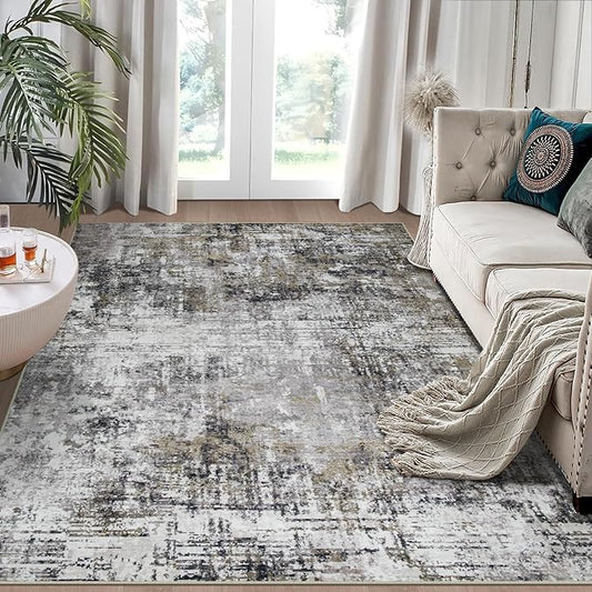 6x9 Area Rugs for Living Room Rug Washable: Modern Rug for Dining Room Bedroom Carpet Non Slip Low Pile 6 by 9 Indoor Abstract Nursery Home Office Black Gold