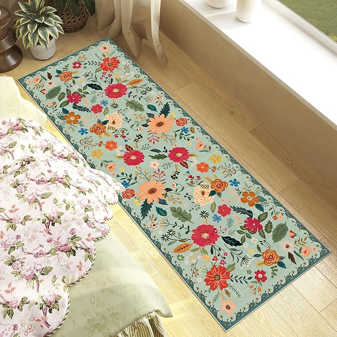 Rug Runners 2x6, Floral Green Washable Kitchen Rugs for Hallways Area Rugs, Non Slip Long Rug Low Pile Doormat Flower Carpet for Kitchen, Entryway Indoor, Bedroom, Bathroom, Laundry, Sage Green