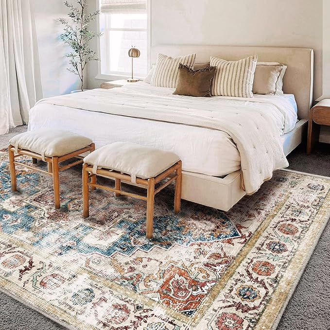 Washable Area Rug 10'x14' Beige Blue Boho Chic Medallion Distressed Design Non-Shedding Easy Care Ideal for High Traffic Areas in Living Room Bedroom Office Coffee Table Large Carpet