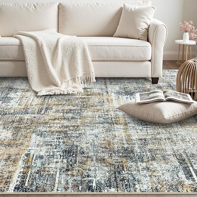 Area Rug 9x12 Washable Rugs: Abstract Large Living Room Rugs with Non-Slip Backing, Stain Resistant Indoor Floor Carpet for Bedroom Dining Room Table Nursery Hallway Home Office Brown/Gray