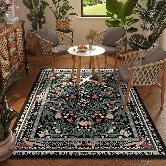 Bedroom Rug 3x5 Rug Washable Area Rug Non Slip Low Pile Vintage Floral Botanical Small Carpet for Bedroom, Bedside, Kitchen, Entryway, Kids Room, Office, Black