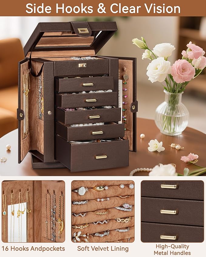 AKOZLIN 360° Rotating Jewelry Box 6-Tier Organizer Functional 360° Rotating Jewelry Storage Case for Women Girls Ring Necklace Earring Bracelet Holder with Mirror Brown