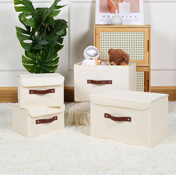 ANMINY Storage Bin with Lid Storage Boxes with PU Leather Handles PP Plastic Board Decorative Foldable Lidded Cotton Linen Fabric Home Cubes Baskets Closet Organizer Container - Beige, Small Size