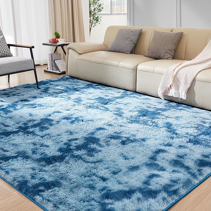 Ultra Soft Rug for Living Room, 8X10 Fluffy Shag Area Rug for Bedroom, Modern Shaggy Carpet Fuzzy Rug for Teens Dorm Nursery Home Decor Aesthetic, Upgrade Anti-Skid Durable, Tie-Dyed Blue Grey