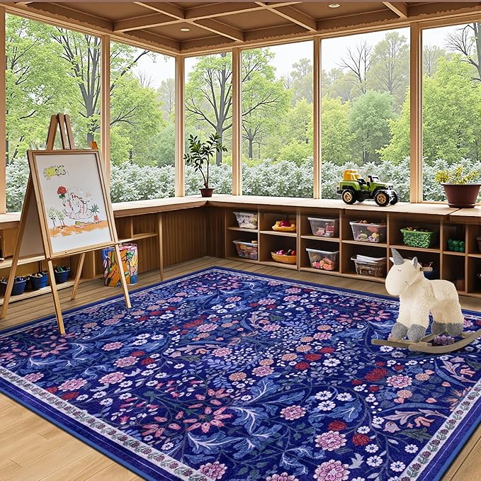 6x9 Area Rugs for Living Room: Floral Washable Rug Vintage Large Soft Boho Non-Slip Carpet Indoor Floor Stain Resistant Thin Carpets for Bedroom Dining Room Farmhouse Nursery Hallway Home Office Blue