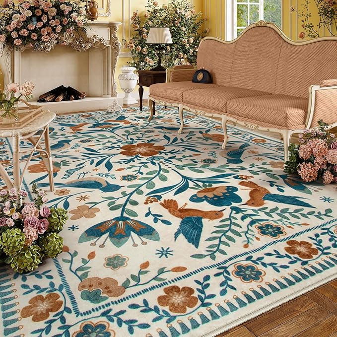 Moynesa Boho Bird 9x12 Area Rug Washable 9x12 Rugs for Living Room, Large Floral Bedroom Carpet Low-Pile Soft Animal Playroom Rug, Jungle Pattern Indoor Carpet for Dining Room Nursery