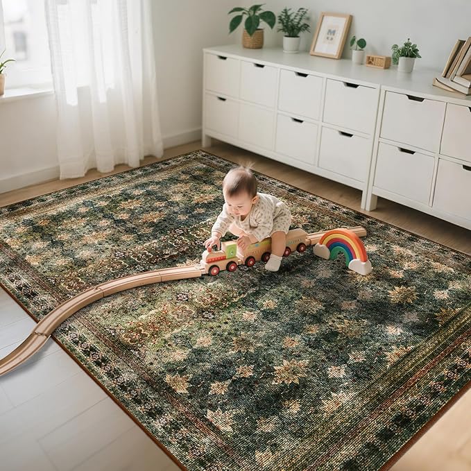 6x9 Washable Area Rug Non Slip, Thin Vintage Floral Living Room Rug Low Pile, Indoor Large Distressed Print Carpet for Bedroom, Dining Room, Farmhouse, Home Office, Dorm(Dark Green/Brown/Multi)