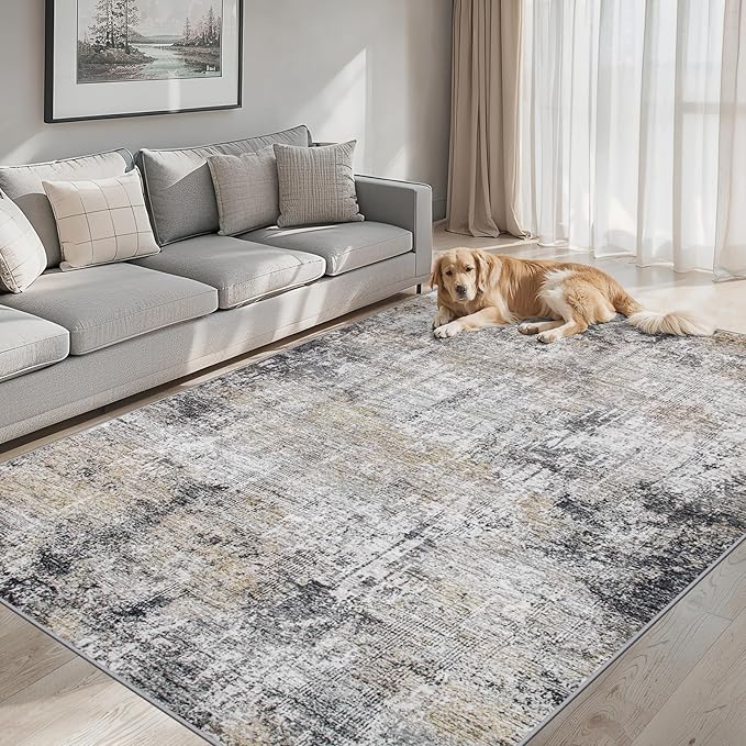 Area Rugs Living Room Rug - 5x7 Washable Modern Abstract Soft Neutral Non-Slip Carpet Large Indoor Floor Thin Carpets for Bedroom Dining Room Farmhouse Nursery Home Office Brown Black Grey