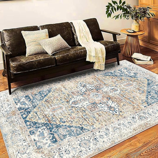 Washable Area Rug 10x14 Boho Chic Medallion Distressed Design Non-Shedding Easy Care Ideal for High Traffic Areas in Living Room Bedroom Office Coffee Table Large Carpet
