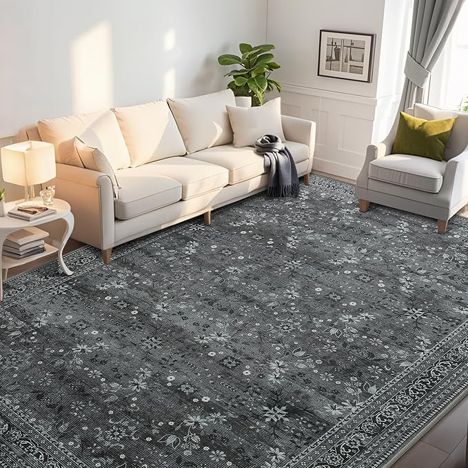 5x7 Machine Washable Area Rug for Living Room Bedroom, Vintage Kitchen Rugs Non Slip, Traditional Indoor Floor Floral Print Carpet for Dining Room, Farmhouse, Office Classroom Black/Gray