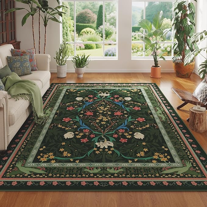 5x7 Washable Rug Vintage Floral Botanical Area Rug Non Slip Low Pile Large Rugs for Living Room, Bedroom, Farmhouse, Dining Room, Kids Playroom, Green