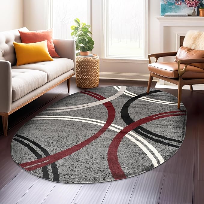 Rugshop Modern Wavy Circles Design Oval Area Rug 5' x 7' Red