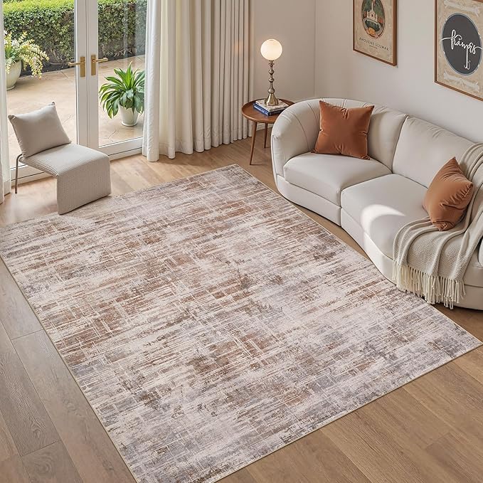 Area Rug for Living Room: 5x7 Washable Neutral Abstract Modern Soft Rugs Non Slip Indoor Floor Stain Resistant Carpet for Bedroom Dining Room Office Nursery - Red Brown