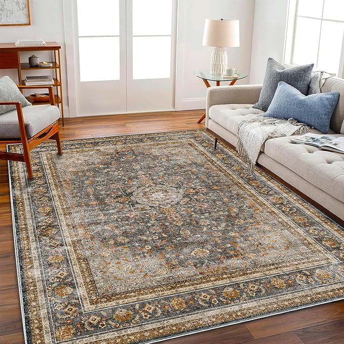Area Rug 6'x9' Washable Vintage Traditional Floor Cover Thin Retro Kitchen Indoor Distressed Non Slip Carpet for Living Room Bedroom Dining Room