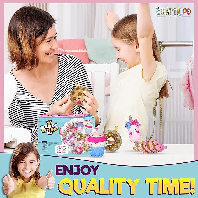 12 Pre-Cut Mini Treats Dessert Fun Kids Sewing Kit for Kids Ages 8-12 Children Beginners Sewing kit kid crafts Make Your Own Felt Pillow Plush Craft Kit Girls and Boys Art Craft Kits Learn to Sew Kit