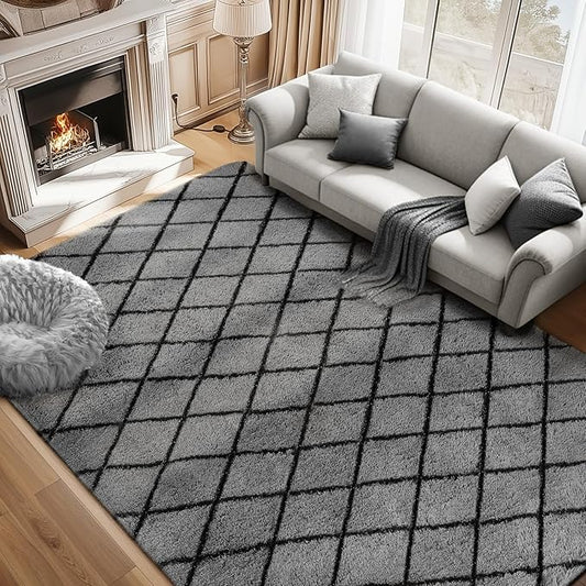 Fluffy Rug for Bedroom, 8X10Feet Stripe Checkered Rug Anti-Skid High Pile for Living Room Bedroom Kids Room Nursery, Dorm Home Decor