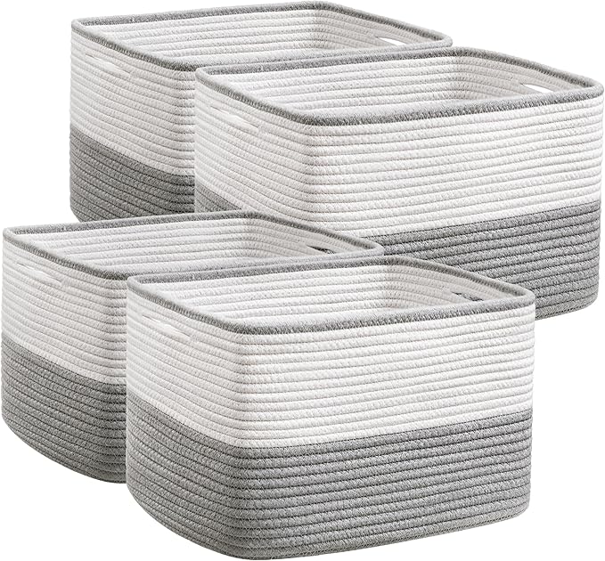 UBBCARE 4 Pack Baskets for rganizing, Woven Storage Baskets for Toys and Towel, Rectangle Cotton Rope Basket with Handles, 15''L x10''W x9''H, Grey