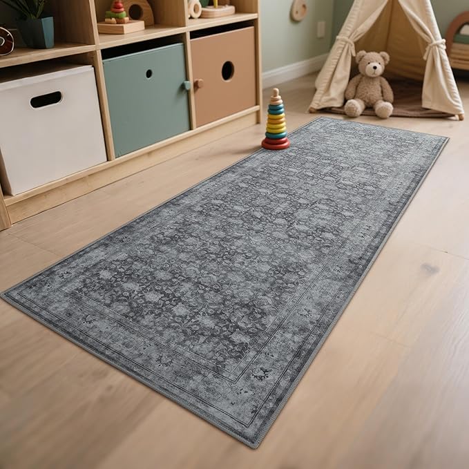 2'6"x8' Washable Runner Rug for Hallway, Non Slip Vintage Floral Long Carpet Runners for Entryway, Kitchen, Bathroom, Bedroom, Low Pile Laundry Rugs with Rubber Backing (Distressed Grey)