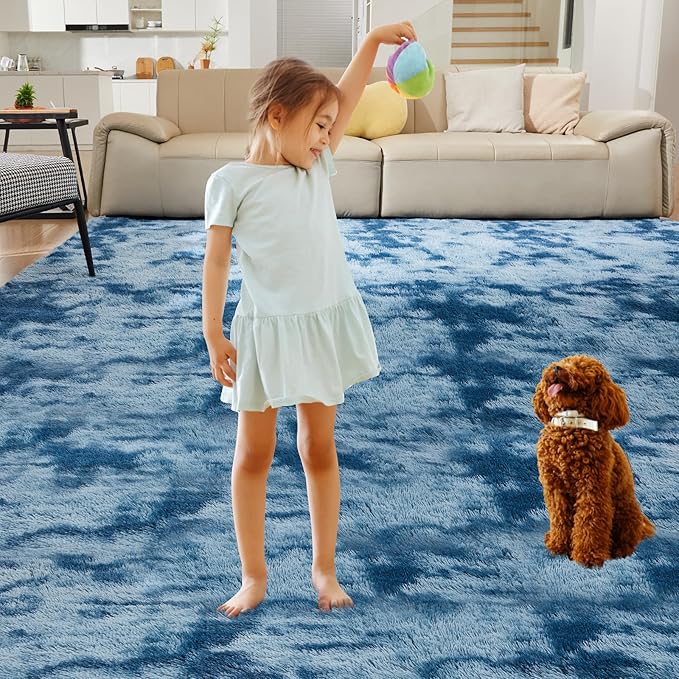 Ultra Soft Rug for Living Room, 6X9 Fluffy Shag Area Rug for Bedroom, Modern Shaggy Carpets Fuzzy Rug for Teens Dorm Nursery Home Decor Aesthetic, Upgrade Anti-Skid Durable, Tie-Dyed Blue Grey