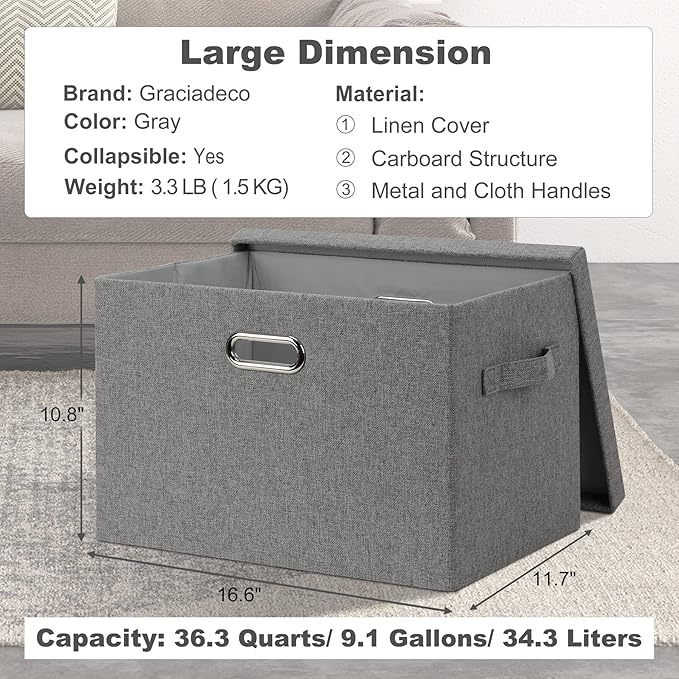 Large 17" 36 Quart Collapsible Stackable Storage Bins with Lids, 5 Packs Gray Foldable Fabric Closet Storage Boxes with Lids, Heavy-duty Linen Cube Baskets(17 x 12 x 11)
