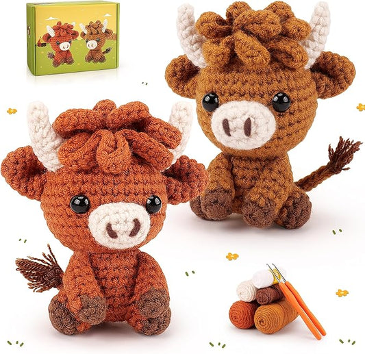 Highland Cow Crochet Kit for Beginners - 2PCS Animals Crochet Kit with Step-by-Step Video Tutorials, Highland Cows Crocheting Kit, Crochet Starter Kit for Kids and Adults, Stuffed Animal Knitting Kit