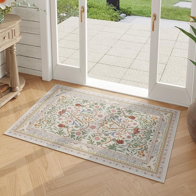 Door Mat Indoor Entrance 2x3 Rug Machine Washable Vintage Floral Botanical Small Area Rug Non-Slip Low Pile Throw Rugs for Entryway, Kitchen, Front Door Entrance, Entry, Kids Room, Beige