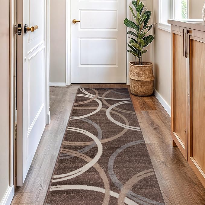 Rugshop Modern Wavy Circles Design Runner Rug 2'7" x 6' Brown