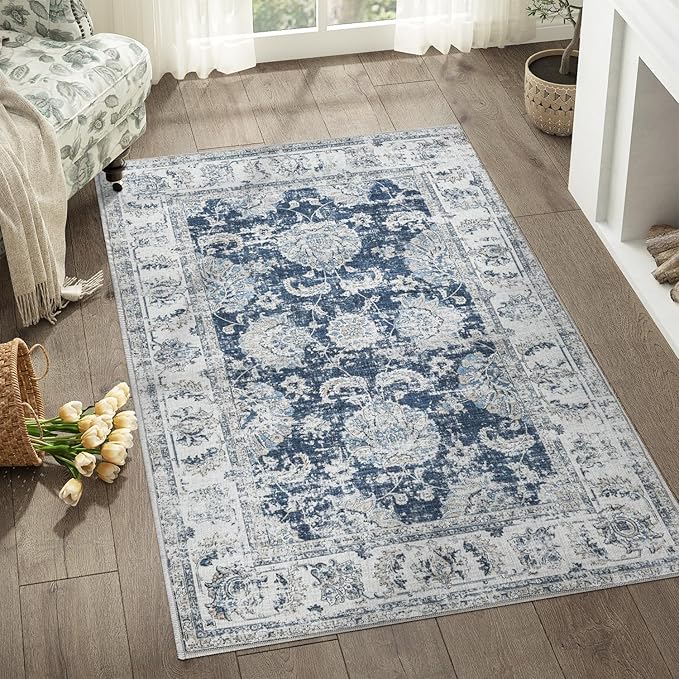 jinchan Floral 3x5 Area Rugs for Entryway - Machine Washable Taupe Vintage Distressed Design Doormat Non-Slip Ultra-Thin Low Pile Boho Rug for Kitchen Living Room Bedroom Farmhouse (3‘x5',Dark Blue)