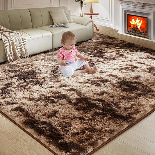 Ultra Soft Rug for Living Room, 5X8 Fluffy Shag Area Rug for Bedroom, Modern Shaggy Carpet Fuzzy Rug for Teens Dorm Nursery Home Decor Aesthetic, Upgrade Anti-Skid Durable, Tie-Dyed Coffee