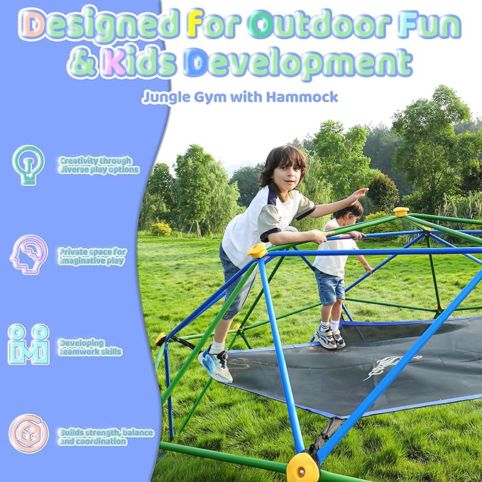 Gardenature 10FT Climbing Dome with Hammock, Outdoor Jungle Gym for Kids, Geometric Dome Climber Supporting 880 Lbs Anti-Rust Metal Outdoor Play Structure ASTM Approved Blue & Green